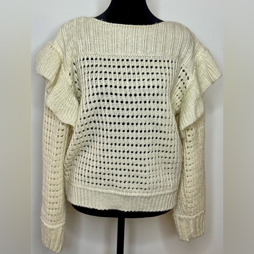 Anthropologie FRNCH cottagecore off white Gold ruffle sleeve open knit sweater S